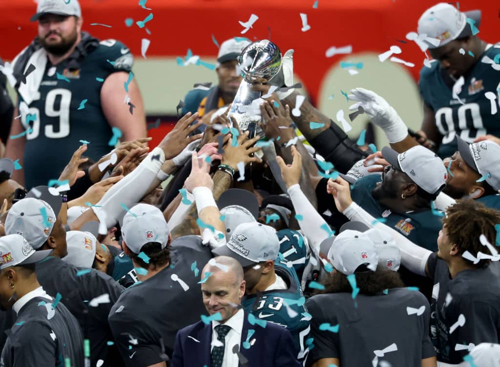 The Philadelphia Eagles celebrate with the Vince Lombardi Trophy after beating the Kansas City Chiefs