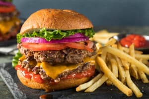 Homemade Cheese Smash Burger with Lettuce Tomato and Fries. Philadelphia June events 2025