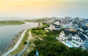 Sunset over the North Wildwood sea wall, aerial view