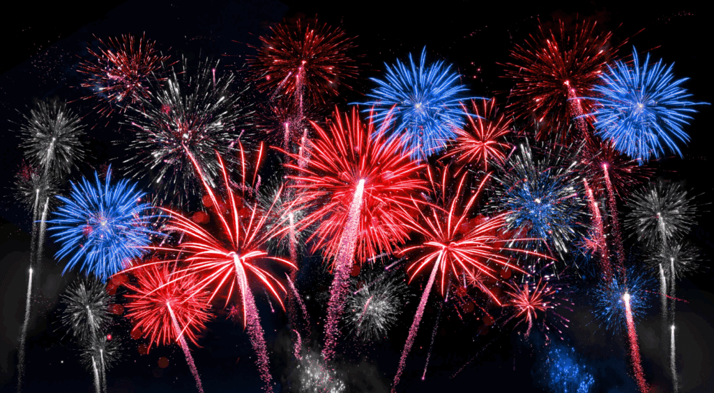 USA america united states new year or Independence Day celebration holiday background greeting card - Blue red white firework on dark night sky