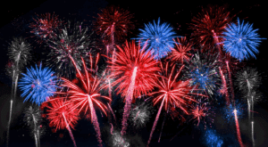USA america united states new year or Independence Day celebration holiday background greeting card - Blue red white firework on dark night sky