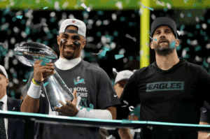 Jalen Hurts #1 of the Philadelphia Eagles celebrates with the Vince Lombardi Trophy after beating the Kansas City Chiefs 40-22 to win Super Bowl LIX at Caesars Superdome on February 09, 2025 in New Orleans, Louisiana.
